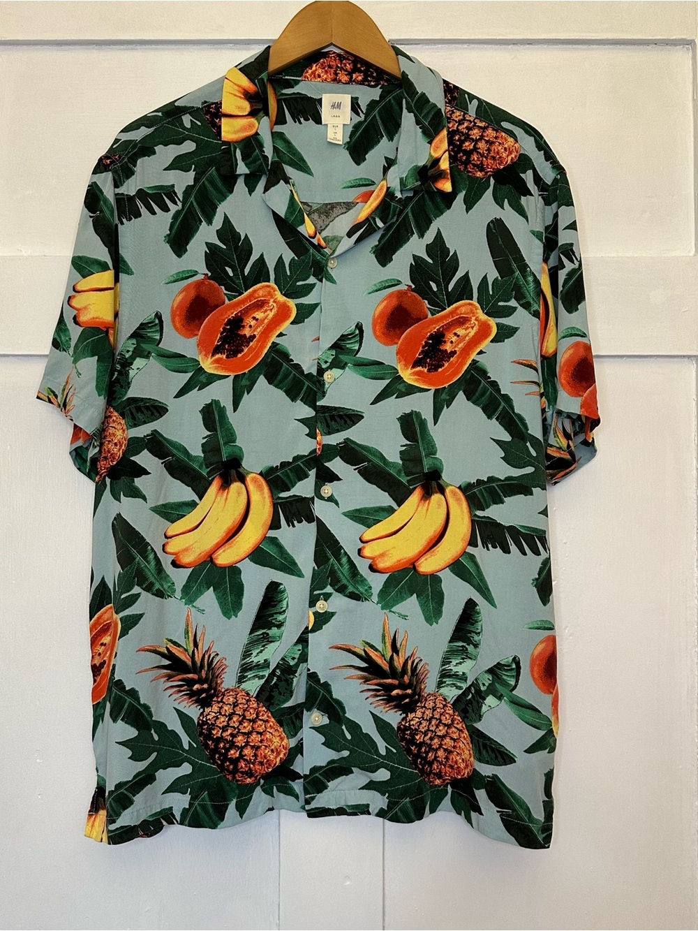 H&M L.O.G.G. Men’s Blue Hawaiian Style Tropical Fruit Print Shirt Sz L EUC